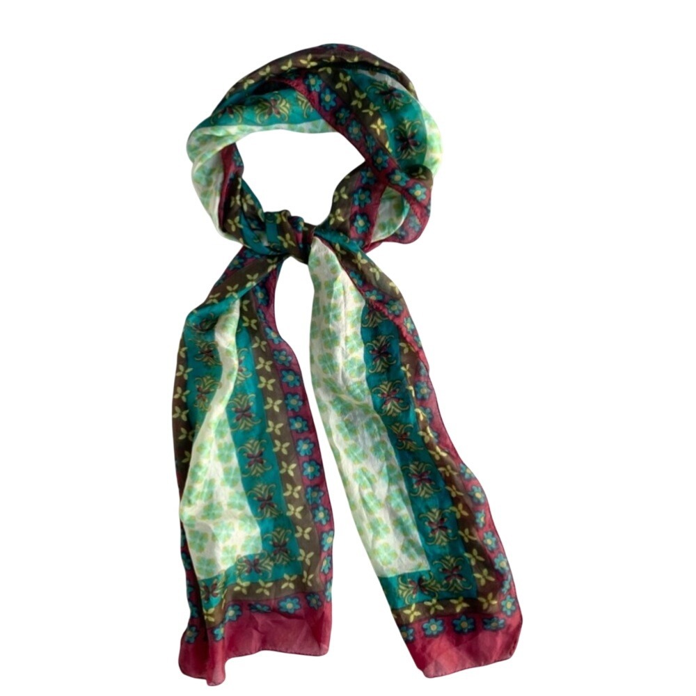 Vibrant Green and Red Scarf with‎ Intricate Patterns